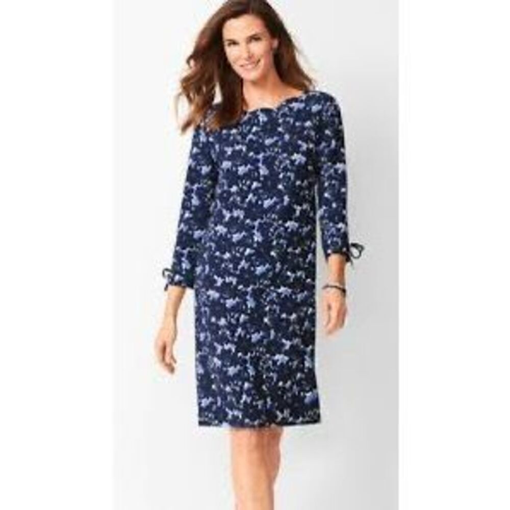 Talbots Women's 10 Scalloped Neck Shift Dress Blue Black Floral 3/4 Bow Sleeves - Picture 3 of 11